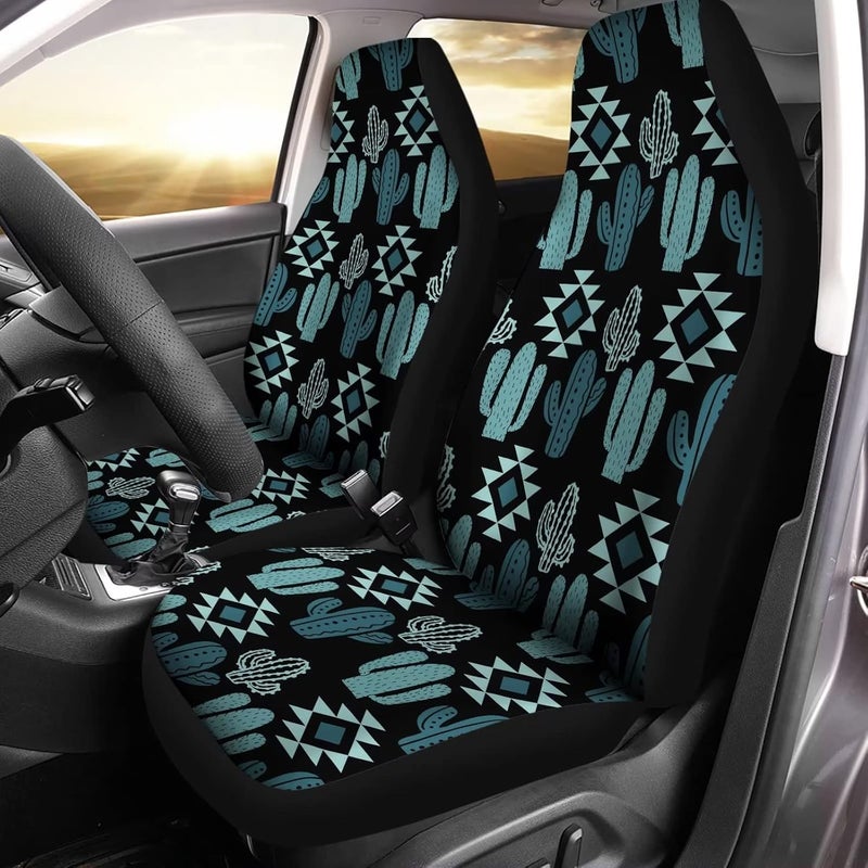 Howilath Women Men Car Front Seat Covers Set of 2, Aztec Southwest Cactus Print High Back Stretchy Bucket Seats for Most Cars, SUV - Image 1